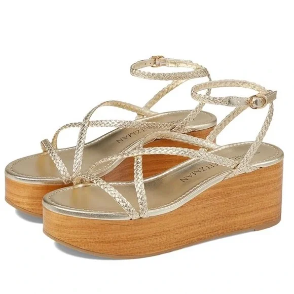 Stuart Weitzman Wovette Gold‎ Metallic Leather Woven Wedge Braided Sandal Heel 9